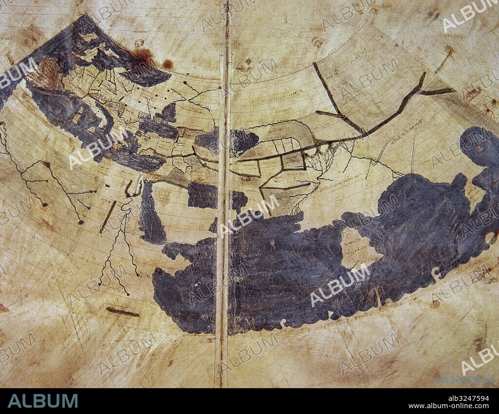 15th century  manuscript copy of Ptolemy world map, reconstituted from Ptolemy's Geography, c 150 AD. Indicating countries of Serica and Sinae (China) and Island of Taprobane (Sri Lanca). Vatican Apostolic Library.