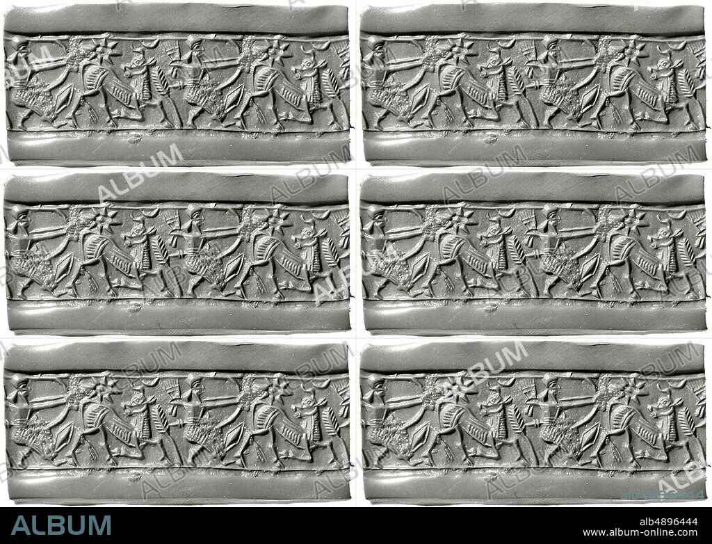 Cylinder seal with hunting scene, Assyrian, Neo-Assyrian, Date ca. 9th8th century B.C., Mesopotamia, Nimrud (ancient Kalhu), Assyrian, Mottled red Jasper (Quartz), 0.87 in. (2.21 cm), Stone-Cylinder Seals.