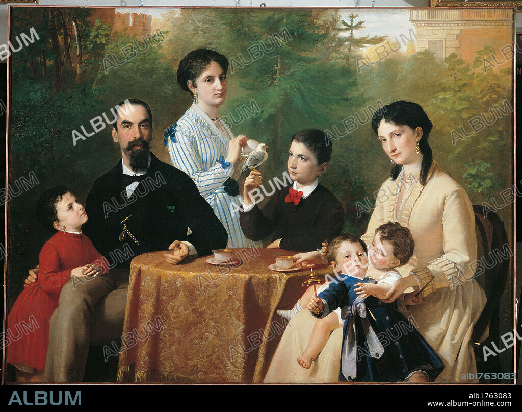 The Guastalla Family, by Adeodato Malatesta, 1871, 19th Century,. Italy, Emilia Romagna, Modena, Estense Galley. All family portrait Guastalla children garden table tablecloth cups birds winged creatures animals game man women boy. Authorization required for non editorial use.