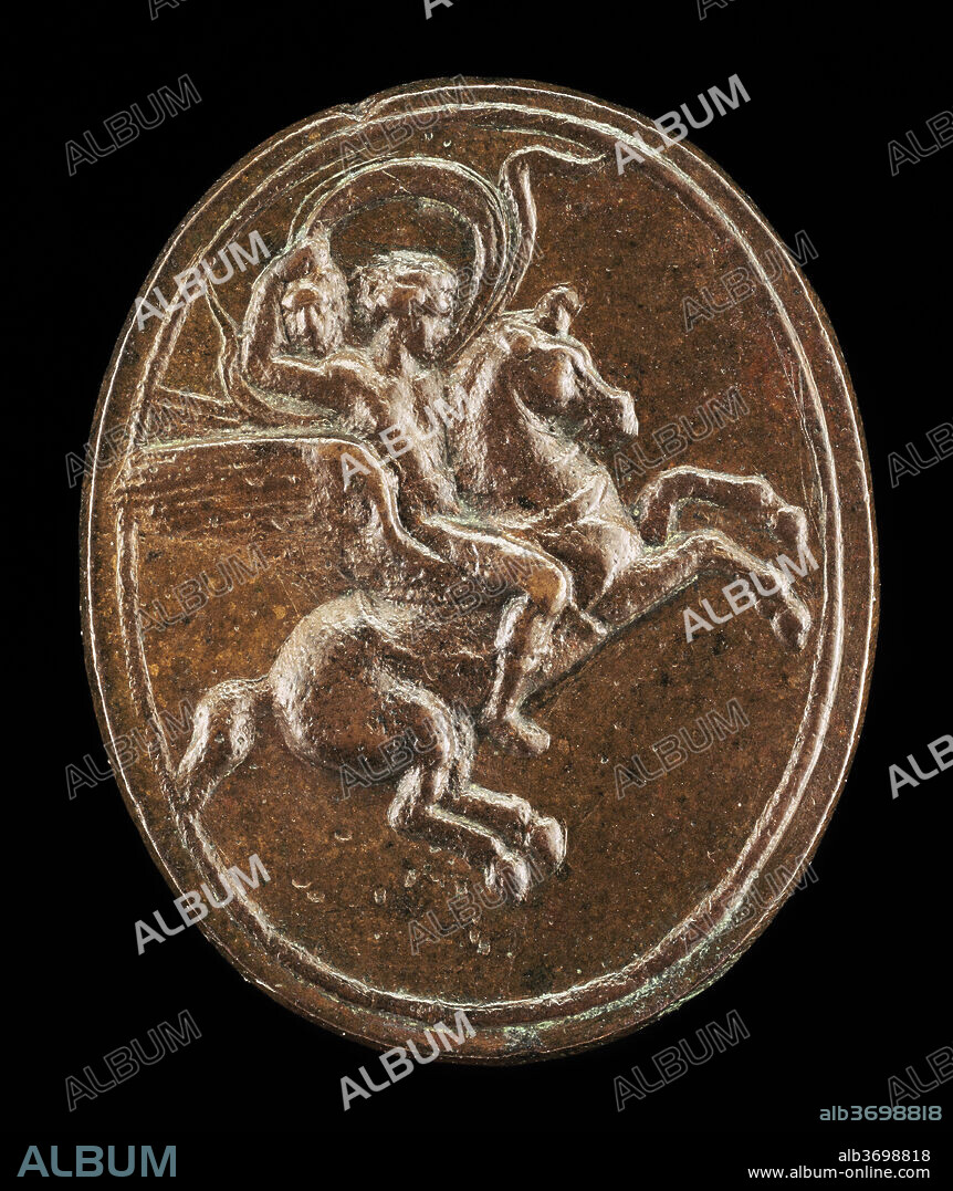 FLORENTINE 16TH CENTURY. Perseus Mounted on Pegasus. Dated: mid 16th century. Dimensions: overall (oval): 3.3 x 2.7 cm (1 5/16 x 1 1/16 in.) gross weight: 7 gr. Medium: bronze//Medium brown patina.