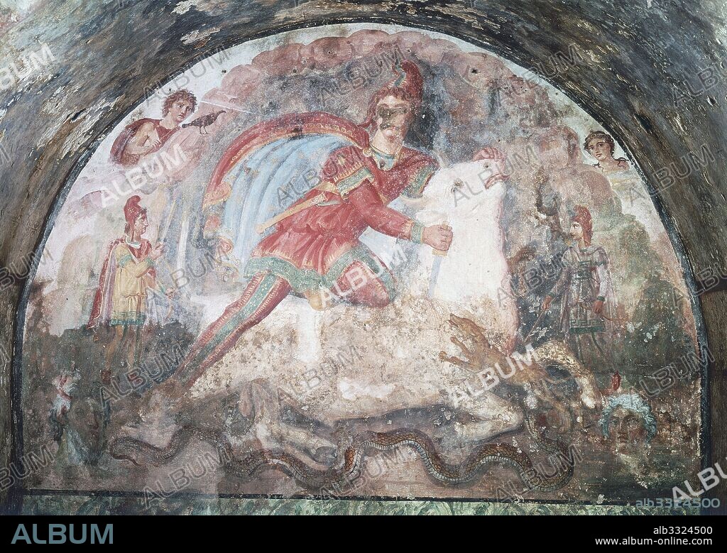 Mithra and the bull (tauroctony), fresco in the mithraeum (place for the worship of the Persian god Mithras) of Santa Maria Capua Vetere, Campania, Italy. Roman, 2nd century AD.