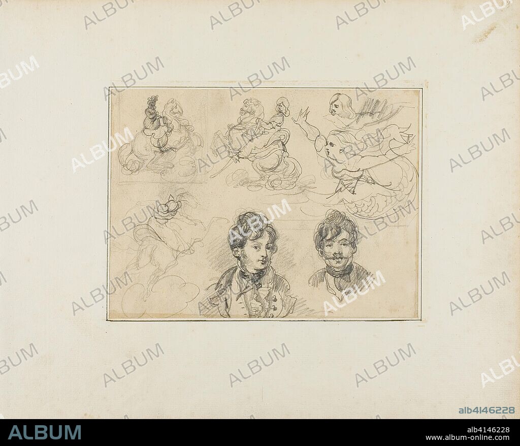 Sheet of Sketches: Riders, Mermaids and Two Portraits of Young Men. Jean Louis André Théodore Géricault; French, 1791-1824. Date: 1813-1814. Dimensions: 170 × 229 mm. Graphite on tan wove paper, perimeter mounted on ivory laid paper. Origin: France.