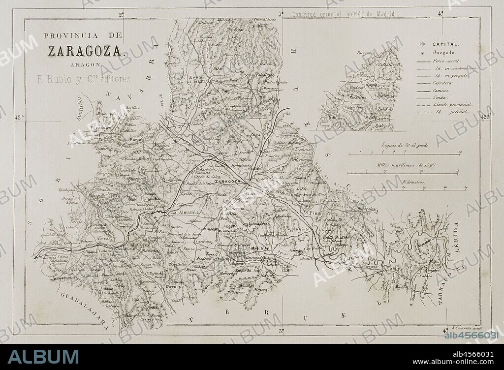 Mapa de la Provincia de Zaragoza (Aragón, España). Crónica General de España, Historia Ilustrada y Descriptiva de sus Provincias. Aragón, 1866. Biblioteca Histórico Militar de Barcelona, Cataluña, España.