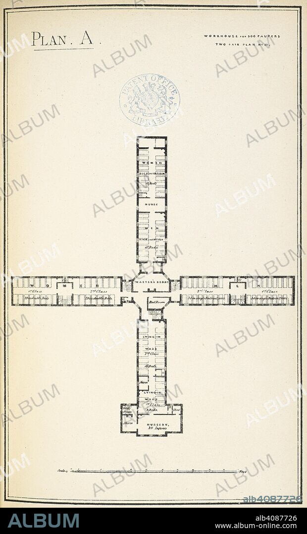 A plan or design for a workhouse. Knight's guide to the arrangement and construction of workhouse buildings, with notes and diagrams of the requirements and recommendations of the Local Government Board, in regard to the erection of Poor Law institutions. London: Knight & Co. ..., 1889. Source: RB.23.b.6600 Plan A.