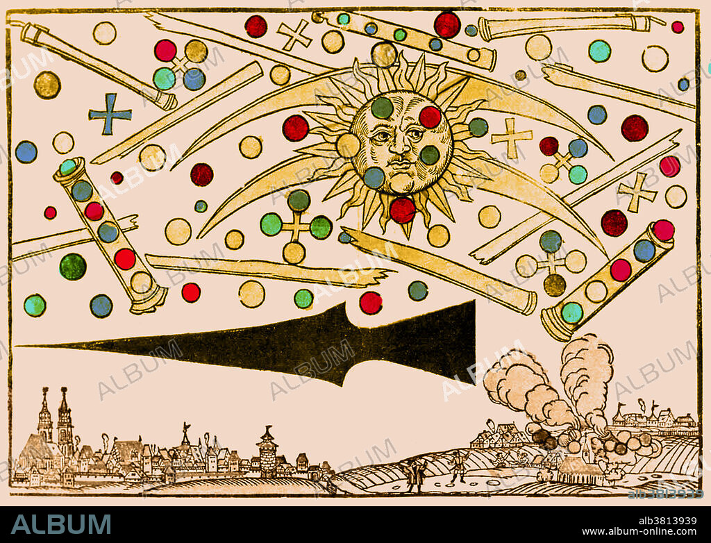 Colour enhancment of a 16th century woodcut called Nuremberg UFO by Hans Glaser. At sunrise on the April 14, 1561, the citizens of Nuremberg beheld A very frightful spectacle. The sky appeared to fill with cylindrical objects from which red, black, orange, and blue white disks and globes emerged. Crosses and tubes resembling cannon barrels also appeared whereupon the objects promptly began to fight one another. After about an hour of battle, the objects seemed to catch fire and fell to Earth, where they turned to steam. The witnesses took this display as a divine warning. This report is unique in the annals of Ufology, in that it has never been repeated. There is no record of such objects in either local or German national folklore. The surviving Town records from the period, give no indication of any unrest either civil or external. Given the uniqueness of the incident, it appears that something supernatural or paranormal took place.