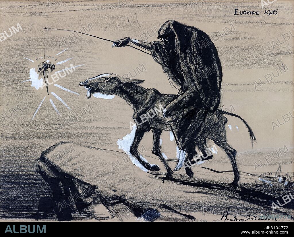 Political satire cartoon depicting Death riding an emaciated donkey and leading it toward a precipice by dangling a carrot, "victory," from a stick. By Boardman Robinson (1876-1952)  Canadian-American artist, illustrator and cartoonist. Dated 1916.