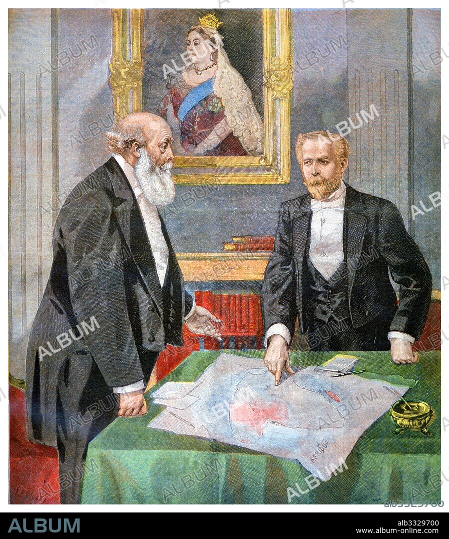 Underneath a portrait of Queen Victoria, Lord Salisbury (left) and Paul Cambon examine a map appendix to the Anglo-French Convention of 1898, also known as the Niger Convention, was an agreement between Britain and France which concluded the partition of West Africa between the colonial powers by finally fixing the borders in the disputed areas of Northern Nigeria. It was signed by France on 14 June 1898.