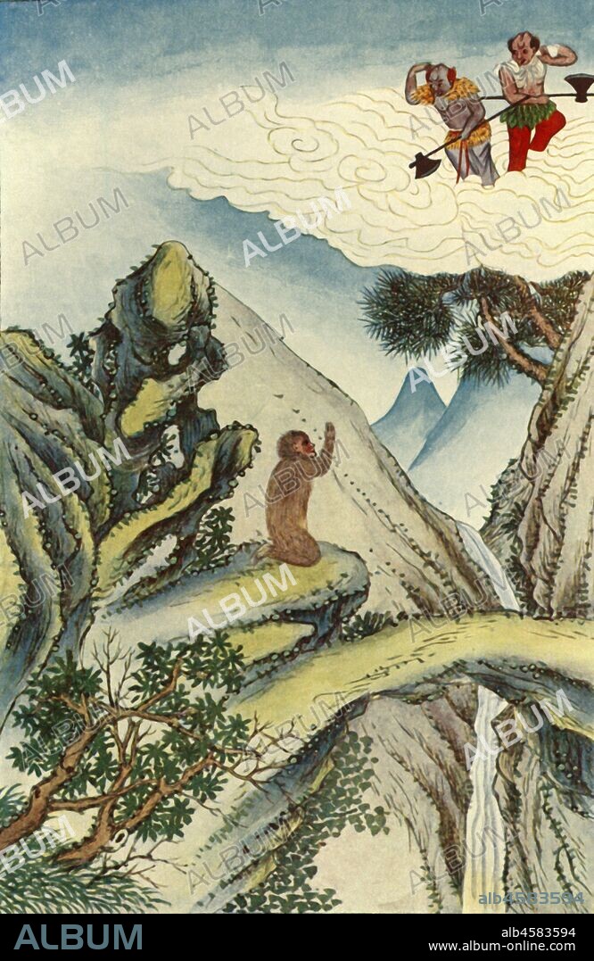 'The Birth of the Monkey', 1922. The Monkey King, Sun Wukong, a legendary characters in the 16th-century Chinese novel Journey to the West vy Wu Cheng'en with origins dating to Song dynasty. The monkey is born of stone and accompanies monk Tang Sanzang on a journey to retrieve Buddhist sutras from the West. From "Myths and Legends of China", by E. T. C. Werner. [George G. Harrap & Co. Ltd., London, Calcutta, Sydney, 1922].