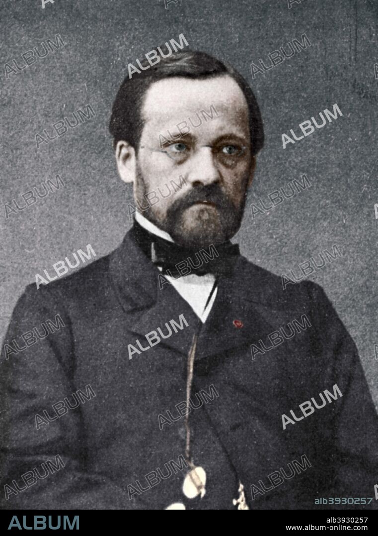 Louis Pasteur, French microbiologist and chemist, 19th century. Portrait of Pasteur (1822-1895), pioneering scientist who founded the science of microbiology, proved the germ theory of disease, invented pasteurisation, and developed vaccines for rabies and several other diseases. (Colourised black and white print).