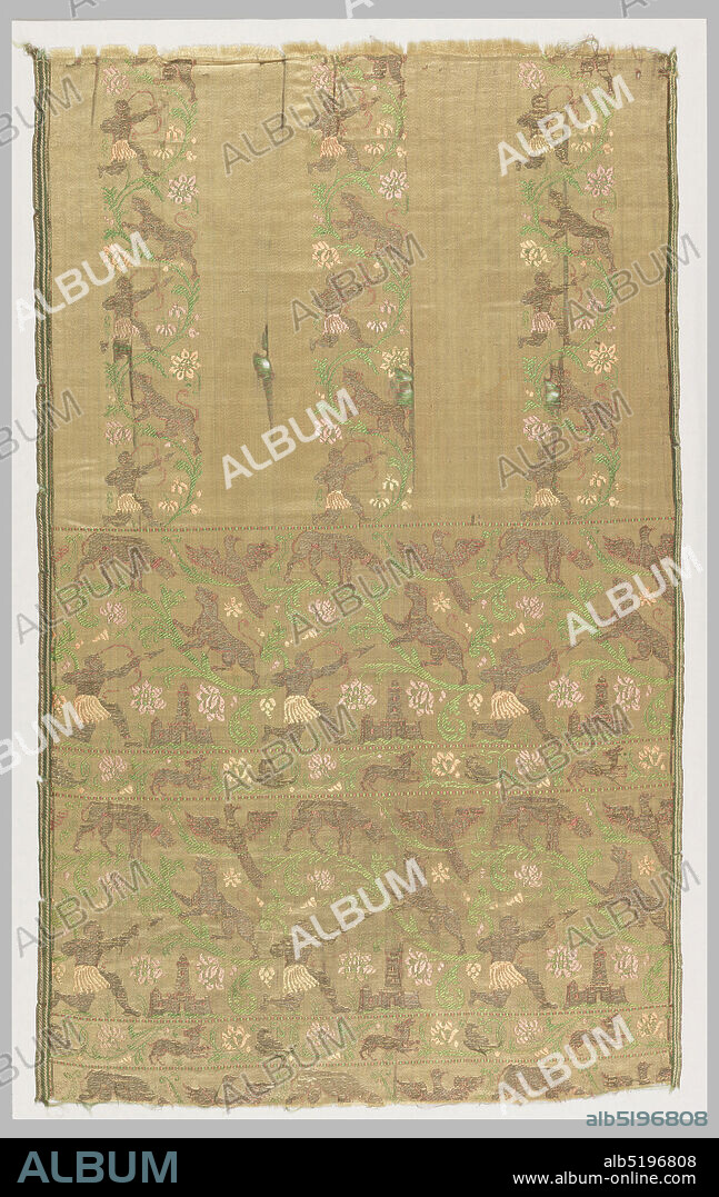 Textile, Medium: silk, metal on silk core Technique: compound satin with  supplementary weft, Pale salmon pink satin showing deep horizontal borders  with hunters, birds, an - Album alb5196808