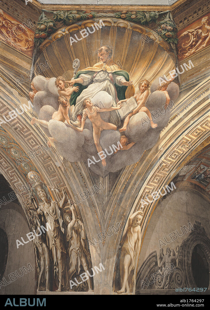 Assumption of the Virgin, by Antonio Allegri known as Correggio, 1526-1530 about, 16th Century, fresco, cm 1093 x 1195. Italy, Emilia Romagna, Parma, Santa Maria Assunta Cathedral, Dome. Detail. Corner angels clouds glory man crosier pastoral staff bishop vestments. Authorization required for non editorial use.