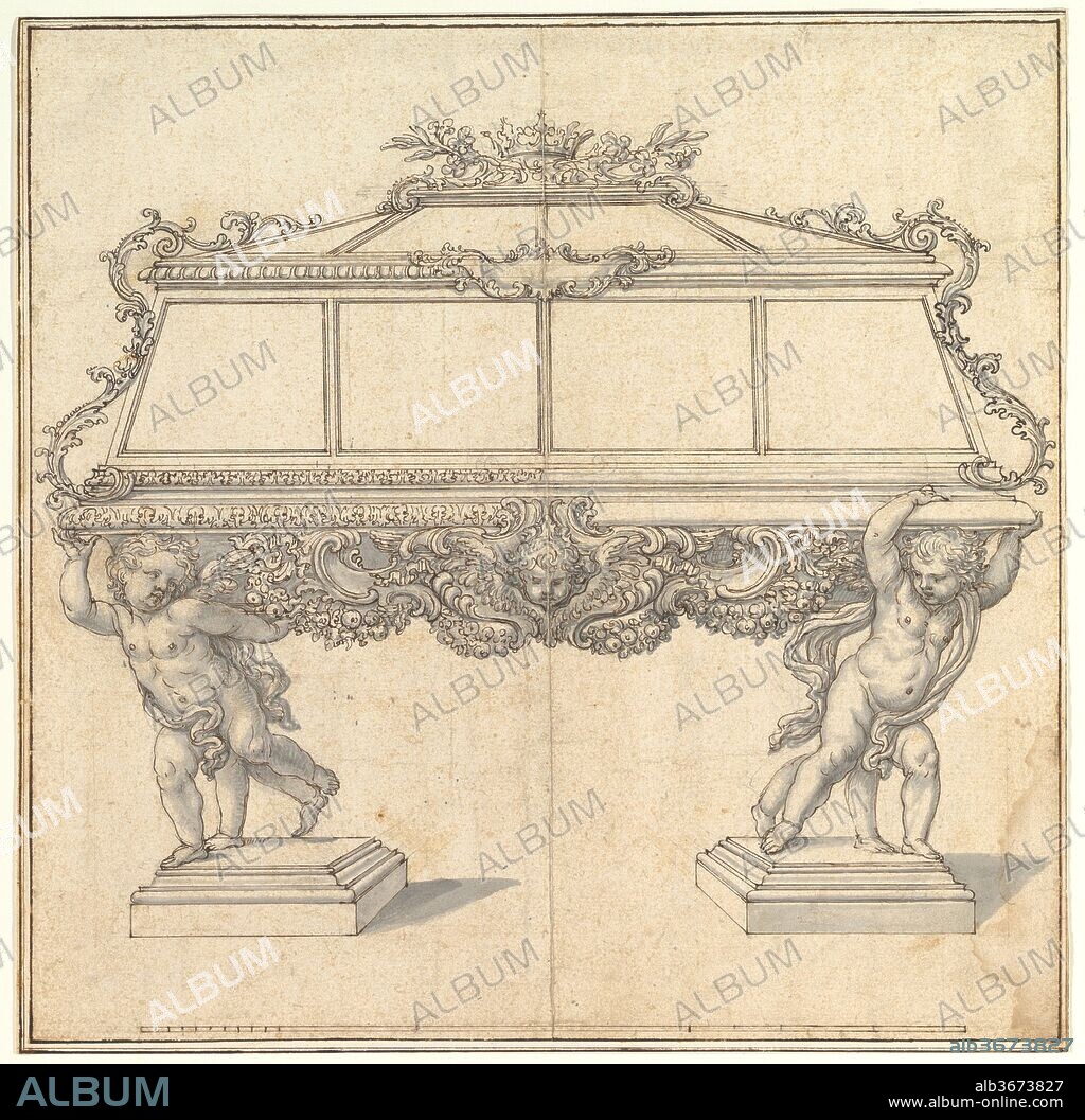 GIOVANNI BATTISTA FOGGINI (FAMILY AND WORKSHOP). Design for a Sarcophagus Supported by Putti for the Church of S. Maria Maddalena de' Pazzi, Florence. Artist: Giovanni Battista Foggini (Italian, Florence 1652-1725 Florence) (family and workshop). Dimensions: sheet: 14 x 14 1/2 in. (35.6 x 36.8 cm). Date: 1652-1725.