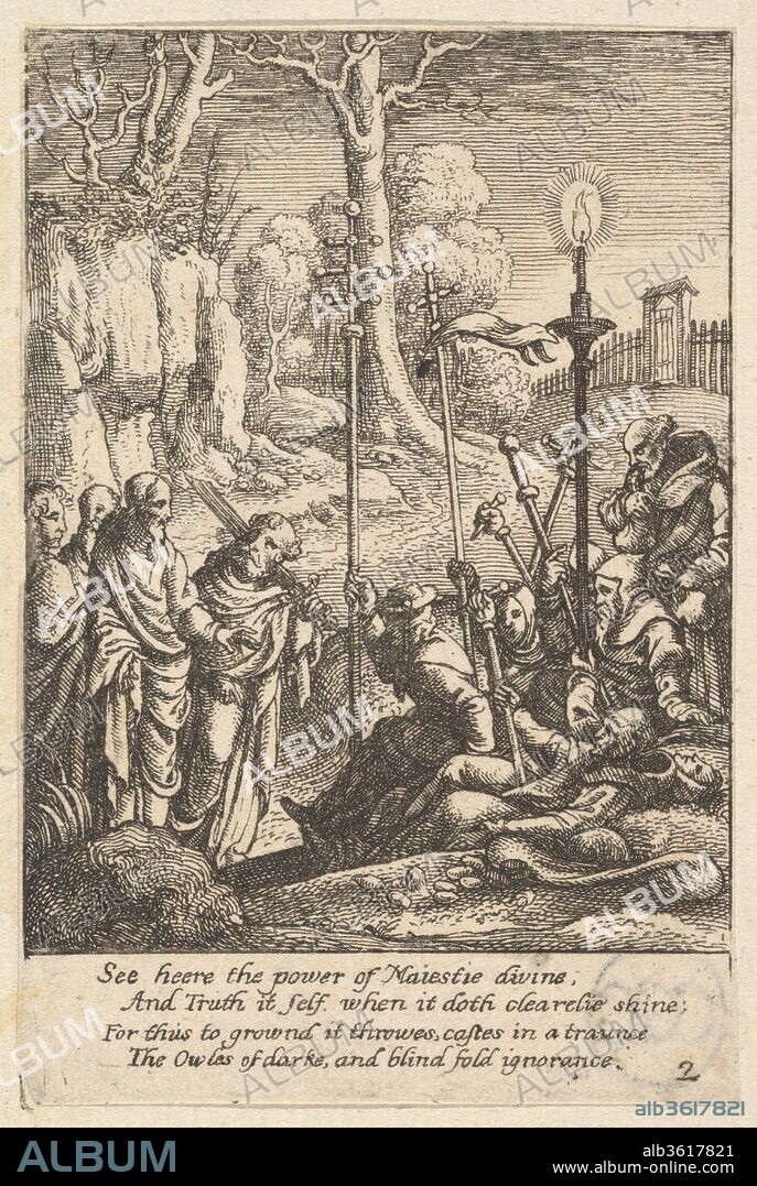 Jesus confronting his detractors. Artist: Possibly after Hans Holbein the Younger (German, Augsburg 1497/98-1543 London). Dimensions: Sheet: 3 9/16 × 2 7/16 in. (9.1 × 6.2 cm). Etcher: Wenceslaus Hollar (Bohemian, Prague 1607-1677 London). Series/Portfolio: The satirical passion. Date: 1625-77.
Plate 2. Jesus and Peter, with a sword over his shoulder, walk right towards a crowd of monks and a cardinal carrying crosses, pilgrim staffs and a lit candle . After a follower of Hans Holbein.