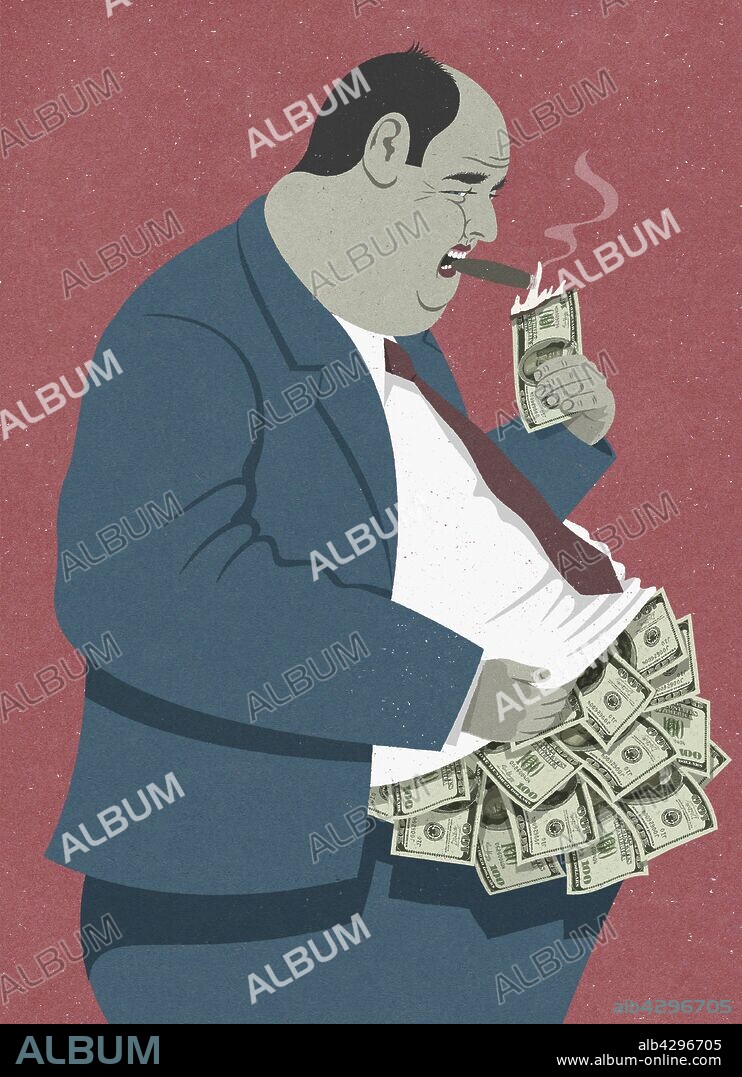 Overweight businessman lighting cigar with burning one hundred dollar bill from heap of money overflowing from shirt.