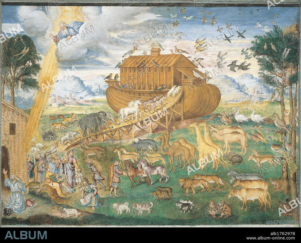 The Animals Enter Noahs Ark, by Aurelio Luini, 1555 about, 16th Century, fresco,. Italy, Lombardy, Milan, San Maurizio al Monastero Maggiore Church, Arca di No Chapel. All. Ark ship Noah God the Father clouds light couples animals birds gangway gangplank deck.