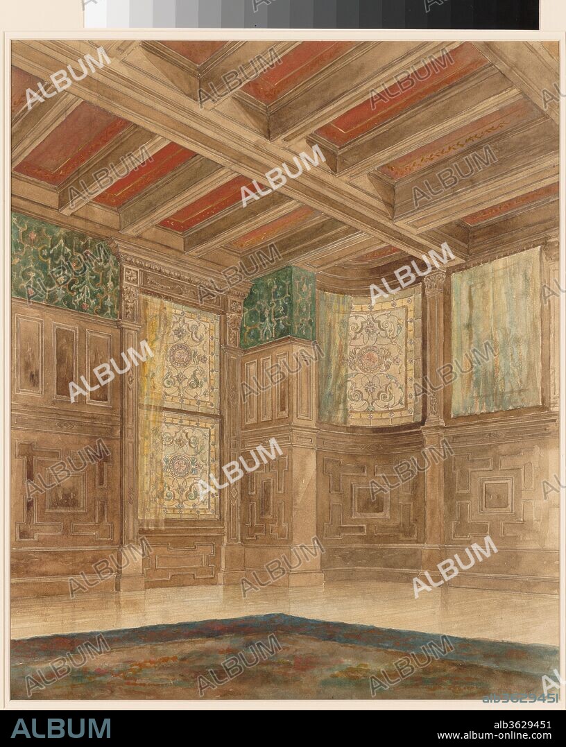 Design for an interior. Artist: Louis Comfort Tiffany (American, New York 1848-1933 New York). Culture: American. Dimensions: 20 7/8 x 18 1/2 in. (53 x 47 cm). Maker: Tiffany Glass and Decorating Company (American, 1892-1902). Date: 1892-1902.
While Tiffany was famous for his Aesthetic-style interiors, this highly finished design for a Renaissance Revival interior shows his ability in other modes as well.  Here, he presents a fully coordinated environment: note how the salmon color of the coffers is picked up in the strapwork-patterned wall covering, the leaded-glass windows, and even the lozenge border of the carpet.  The windows, with their scroll-and-leaf motif, bear a resemblance to those Tiffany designed for the H.O. Havemeyer residence.  The lower wainscoting has an Asian fret motif that recurs in other Tiffany designs.