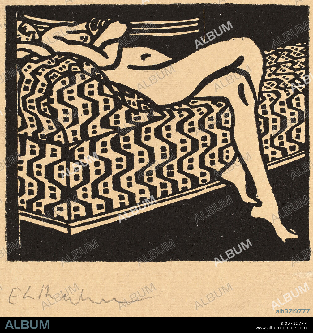 ERNST LUDWIG KIRCHNER. Nude Girl Lying on a Sofa. Dated: 1905. Dimensions:  image: 8.3 x 10 cm (3 1/4 x 3 15/16 in.) sheet: 58 x 22.3 cm (22 13/16 x 8  3/4 in.). Medium: wo - Album alb3719777