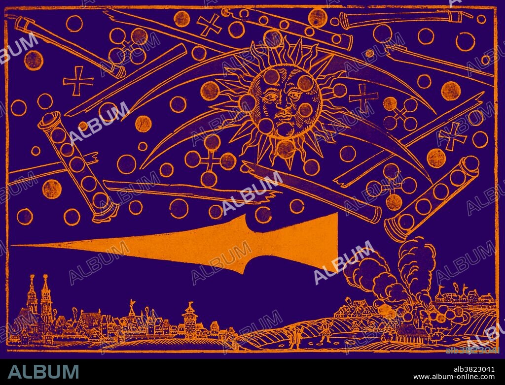 Color enhancment of a 16th century woodcut called Nuremberg UFO by Hans Glaser. At sunrise on the April 14, 1561, the citizens of Nuremberg beheld "A very frightful spectacle." The sky appeared to fill with cylindrical objects from which red, black, orange, and blue white disks and globes emerged. Crosses and tubes resembling cannon barrels also appeared whereupon the objects promptly "began to fight one another." After about an hour of battle, the objects seemed to catch fire and fell to Earth, where they turned to steam. The witnesses took this display as a divine warning. This report is unique in the annals of Ufology, in that it has never been repeated. There is no record of such "objects" in either local or German national folklore. The surviving Town records from the period, give no indication of any unrest either civil or external. Given the uniqueness of the incident, it appears that something supernatural or paranormal took place. Color.