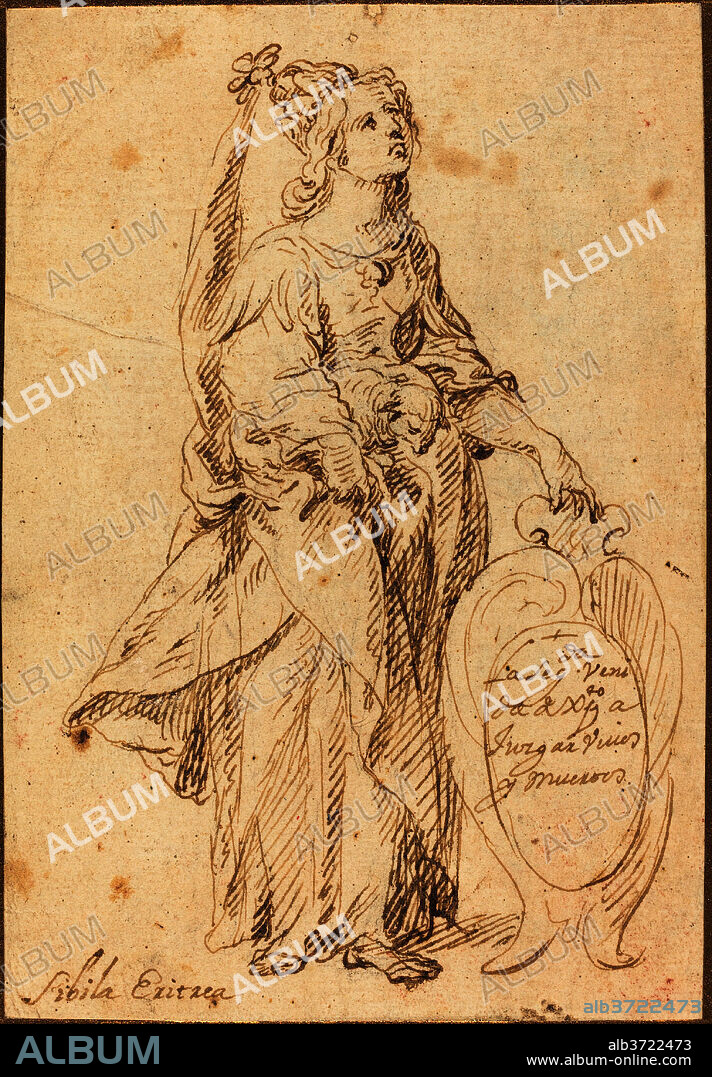 SPANISH 17TH CENTURY. Eritrean Sibyl. Dimensions: sheet: 14.7 x 10.1 cm (5 13/16 x 4 in.). Medium: pen and brown ink over traces of black chalk on laid paper.