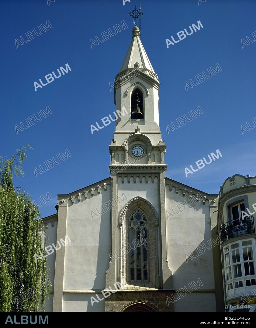 Spain, Galicia, Lugo province, Ribadeo. The parish church of Santa Maria do Campo. Throughout its history, the church underwent several reforms. View of the bell tower, built in 1905.
