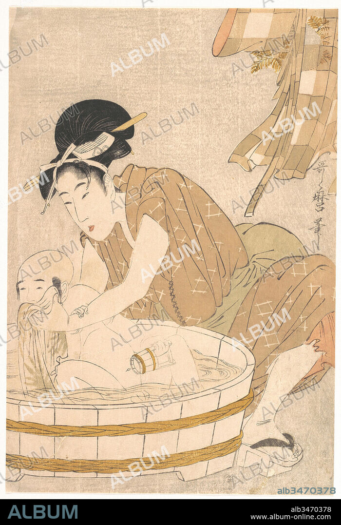 ??, Bathtime (Gyozui), Edo period (1615–1868), ca. 1801, Japan, Polychrome woodblock print; ink and color on paper, 14 11/16 x 9 7/8 in. (37.3 x 25.1 cm), Prints, Kitagawa Utamaro (Japanese, 1753?–1806), Utamaro often took his inspiration from the lives of common people, and he treated the theme of mother and child with more poignancy than did most artists. In Woman Washing a Baby in a Tub he depicted a mother performing a daily task that centers directly around her child.