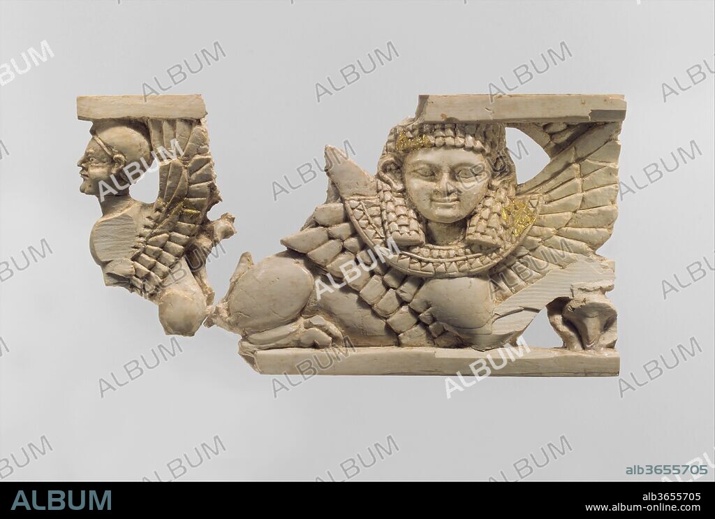 Openwork furniture plaque with two sphinxes. Culture: Assyrian. Dimensions: H. 2 1/2 x L. 4 1/4 in. (6.4 x 10.8 cm). Date: ca. 9th-8th century BC.
During the early first millennium B.C., ivory carving was one of the major luxury arts that flourished throughout the ancient Near East. Elephant tusks were carved into small decorative objects such as cosmetic boxes and plaques used to adorn wooden furniture. Gold foil, paint, and semiprecious stone and glass inlay embellishments enlivened these magnificent works of art. Based on certain stylistic, formal, and technical characteristics also visible in other media, scholars have distinguished several coherent style groups of ivory carving that belong to different regional traditions including Assyrian, Phoenician, North Syrian and South Syrian (the latter also known as Intermediate).
Several ivories in the Metropolitan Museum's collection are from the Aramaean town of Arslan Tash, ancient Hadatu, in northern Syria just east of the Euphrates River, close to the modern Turkish border. French archaeological excavations at the site in 1928 revealed city walls and gates in addition to a palace and temple that were built when the Neo-Assyrian king Tiglath-Pileser III (744-721 B.C.) turned the town into a provincial capital and military outpost. During the excavations, over one hundred ivory furniture inlays that can be attributed to the South Syrian and Phoenician styles were found in a building near the palace. One piece bears a dedicatory inscription in Aramaic to King Hazael, mentioned in the Bible, who ruled Damascus during the second half of the 9th century (ca. 843-806 B.C.), suggesting that this collection of ivory furniture inlays could have been taken by the Assyrian state as tribute or booty from Damascus. The Arslan Tash ivories share an amalgamation of Egyptianizing motifs typical of the Phoenician style and forms characteristic of North Syrian art that may indicate a South Syrian or Damascene origin of this group. Today, these ivories are housed in museums in Paris, Aleppo, Jerusalem, Karlsruhe, and Hamburg, as well as The Metropolitan Museum of Art.
This plaque is carved in the openwork technique and depicts two winged sphinxes. The plaque can be attributed to the South Syrian style, characterized by a combination of Egyptianizing elements found in the Phoenician tradition and North Syrian forms. Phoenician features include the recumbent creature's short, Egyptian-style wig, wesekh broad collar, and a lotus flower beneath the front paw. North Syrian in style are the full, oval face, large eyes, round ears, small mouth with slight smile, and receding chin, along with sharply cut, layered wing feathers. The seated sphinx at left wears a tightly fitted cap that may indicate it is male, while the other sphinx's wig is a type more frequently associated with females. This plaque is a rare example of carved ivory that has retained small areas of gold foil, seen on sections of the wig and collar of the recumbent sphinx and the wing feathers of its seated counterpart. Mortises cut into the back of the plaque indicate that it may have been made to receive pegs for insertion into a piece of furniture. There are two West Semitic letters inscribed into the roughened reverse of the plaque, probably as a guide for the assembly of the piece of furniture to which it originally belonged.