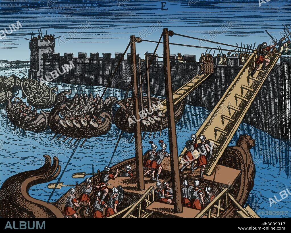 Roman soldiers scaling the walls of a fortress using ladders mounted on boats. Image taken from "Poliorceticon sive de machinis tormentis telis" by Justus Lipsius (Joost Lips), 1602 edition. The Romans designed weaponry that both gave some protection to their men but also were designed to smash into fortifications. Siege towers were used to get troops over an enemy curtain wall. When a siege tower was near a wall, it would drop a gangplank between it and the wall. Troops could then rush onto the walls and into the castle or city. Battering rams had a cover to them made of wood and animal hide. This combination was enough to stop arrows, but was still flammable. The Romans also developed an early form of large attack catapults called onagers. These hurled large stone boulders at a wall to smash it down. The Romans also used catapults to fire iron bolts at the lines of the enemy facing them. This image has been colorized.