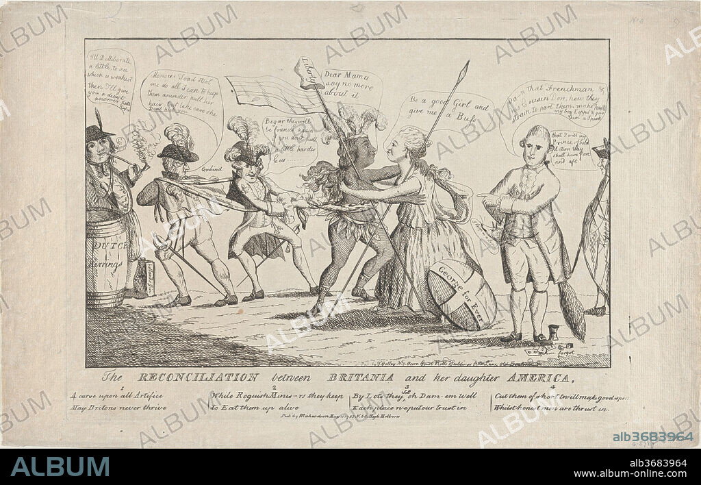 The Reconciliation Between Britannia and Her Daughter America. Artist: Thomas Colley (British, active 1780-83). Dimensions: plate: 9 13/16 x 14 in. (25 x 35.5 cm)
sheet: 10 15/16 x 17 1/16 in. (27.8 x 43.4 cm). Publisher: Published London by William Richardson (British, active 1778-1812). Date: May 11, 1782.
In this satire, allegorical representations of Britannia and America embrace, as France and Spain try to pull America away, and a Dutchman watches. At right, Charles James Fox points out the struggle to Admiral Augustus Keppel. The print responds to a moment during the Revolutionary War in Britain when a new ministry was formed under the leadership of Fox, on March 30th, and a political shift that occured after May 18th, when news of Admiral George Rodney's significant naval victory near Dominica reached England.