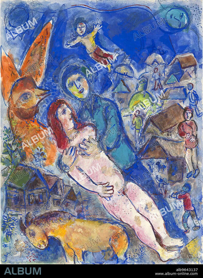 MARC CHAGALL. Nu rose et coq ailé orange au village sur fond bleu. - Album  alb9643137