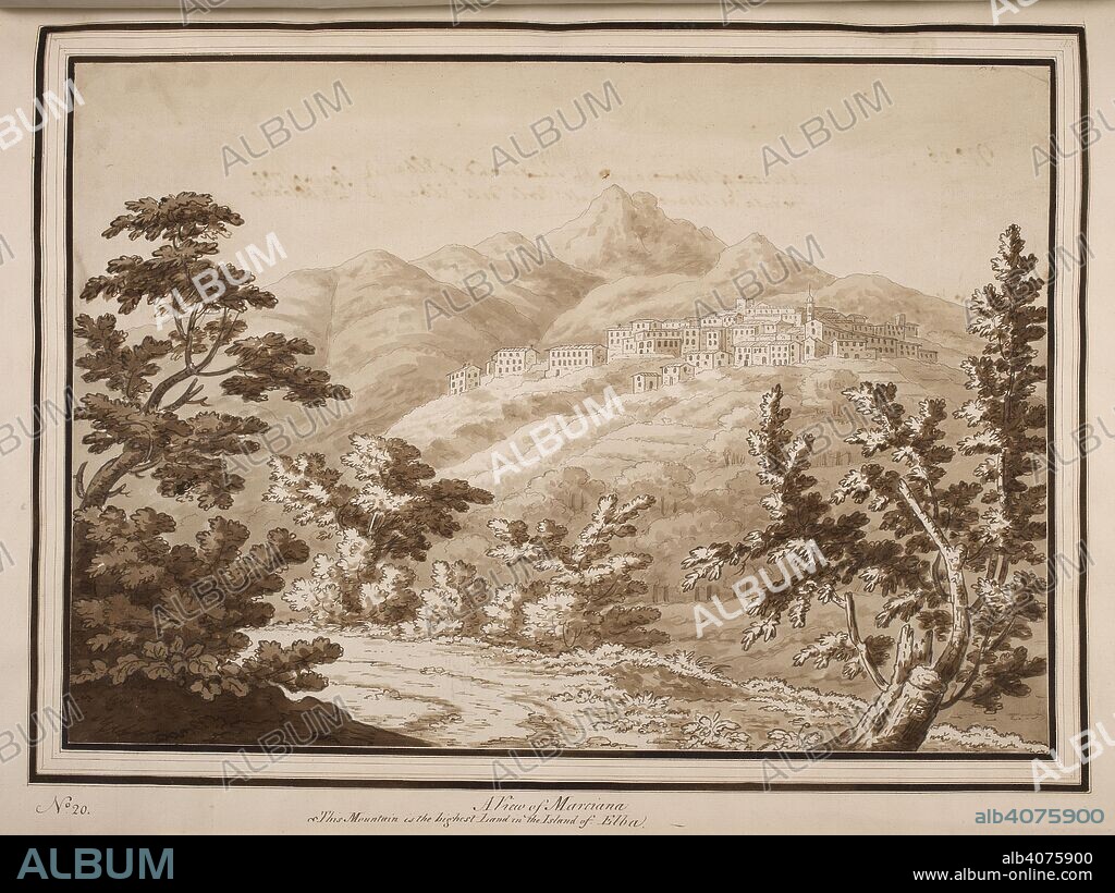 'A view of Marciana'. JOURNAL of a Tour through the Island of Elba, 26 Apr.-5 May 1789, by Sir Richard Colt Hoare, 2nd Bart., of Stourhead, the Wiltshire antiquary and archaeologist, preceded by a map of the island and followed by thirty-two sepia wash sketches, the latter (except nos. 1, 14) being described and signed by Hoare on the back. The volume was written in 1793 and was published in 1814. illustrated with Views drawn from Nature by Sir Richard Colt Hoare, Bart., and John Smith, seven of the drawings (viz. nos. 1, 5, 3, 14, 6, 28, 26) being engraved (often with much modification) as illustrations (pls. 1-6, 8); sketch no. 16 may have served as the basis for pl. 7. Source: Add. 41761 f.48 no.20.