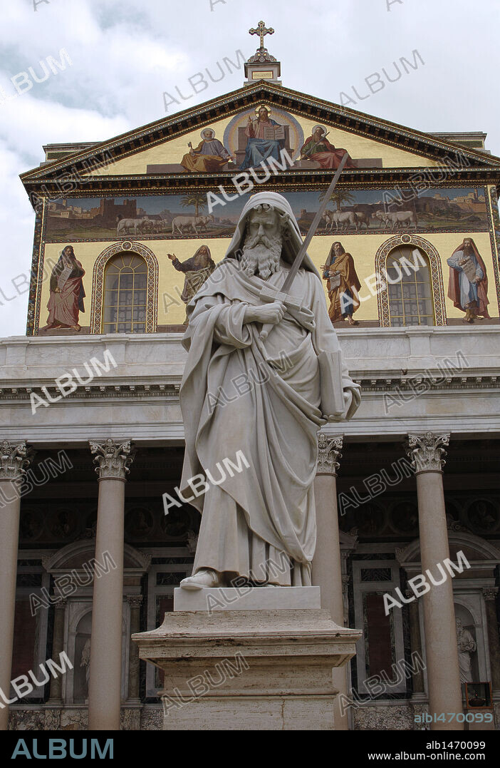 Italy. Rome. Exterior of Basilica of Saint Paul Outside the Walls. Reconstruction of Facade. Neoclassical style. Architect, Luigi Poletti (1792-1869) and St. Paul Statue by Giuseppe Obici (1807-1878).