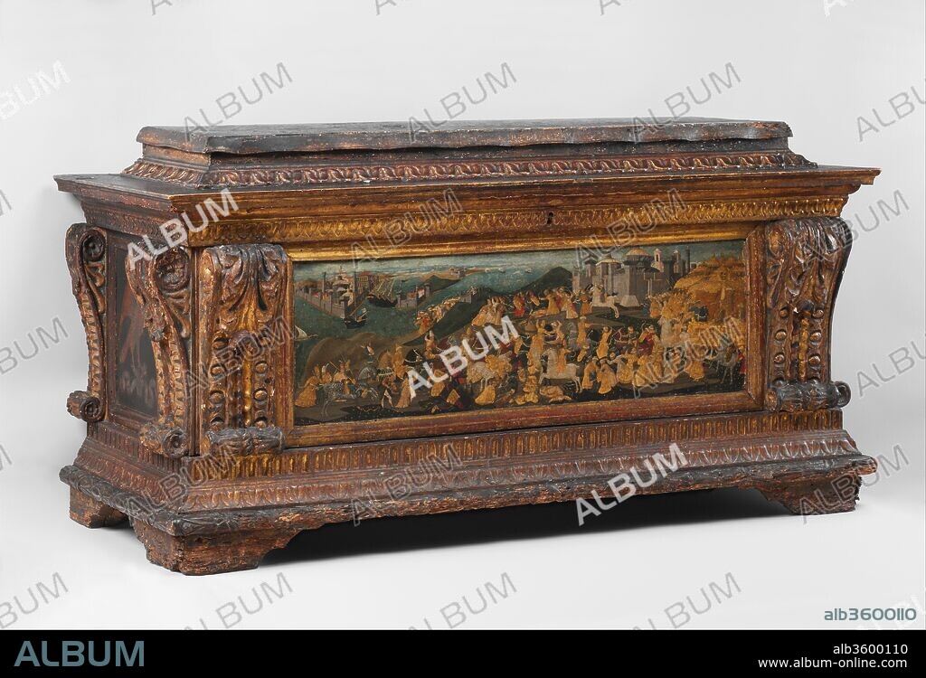 Cassone with painted front panel depicting the Conquest of Trebizond. Culture: Italian, Florence. Dimensions: H. 39-1/2 x W. 77 x D. 32-7/8 in.  (100.3 x 195.6 x 83.5 cm); Painted surface 15 1/4 x 49 1/2 in. (38.7 x 125.7 cm). Maker: Attributed to workshop of Apollonio di Giovanni di Tomaso (Italian, Florence ca. 1416-1465 Florence); and workshop of Marco del Buono Giamberti (Italian, Florence 1402-1489 Florence). Date: after ca. 1461.
Purchased in 1913 from the Florentine dealer Stefano Bardini (1836-1922), this elaborate chest, or cassone, has long enjoyed status as one of the few fifteenth-century objects of its kind to survive intact and, moreover, to portray a contemporary historical event--the conquest of Trebizond, the last outpost of the Byzantine Empire, by Mehmed II in 1461 (for another example of a cassone panel depicting a contemporary historical event, see 07.120.1). This status has been called into question by a detailed, technical examination undertaken in 2008. It has now been demonstrated that so far from being intact, various parts of the chest are not integral and that, most importantly, the painted front may originate from another chest. This means that the purported provenance of the chest from Palazzo Strozzi, first asserted by Weisbach [see Ref. 1913], may have no bearing on the interpretation of the scene on the painted front. That the chest itself is connected with some member of the Strozzi family is clear from the emblems that appear on the end pieces, which are original to it: the Strozzi falcon or hawk perched on a caltrop (spiky metal devices that, when scattered on the ground, destabilize the enemy's horses) with a banderole inscribed ME[Z]ZE--perhaps indicating another Strozzi emblem, the half-moon crescent [see Ref. Nickel 1974]. The inside of the lid and the back of the cassone retain their original stenciled patterns simulating patterned fabric, and the top of the lid is embellished by a gessoed piece of cloth that is gilded and tooled to simulate a runner of cut velvet (this motif is worn, the paint having been almost entirely lost, so that the design is barely legible today). 
The scene on the painted front is universally recognized as coming from the most active and prestigious workshop for the production of painted cassone in mid-fifteenth-century Florence: that shared by Apollonio di Giovanni and Marco del Buono. Its subject is neither biblical nor mythological, nor even based on a contemporary novella such as those by Boccaccio. Rather, it depicts an event that unfolds before two identifiable cities of the Byzantine Empire. Much work has been done identifying the places shown [see especially Refs. Paribeni 2001, Paribeni 2002, and Lurati 2005]. In the left background, clearly labeled on its walls, is Constantinople. An attempt has been made by the artist to suggest a number of the city's landmarks and distinguishing topographical features, some of which are also labeled. There is the Latin church of San Francesco; the monumental column of Justinian in the Augustaion and the Egyptian obelisk (evidently topped by a crescent) in the Hippodrome originally laid out by Emperor Septimus Severus in the third century AD and further embellished by Constantine; the Hagia Sofia; the nearby sixth-century church of Saint Irene; what must be intended either as the Blachernae Palace or its thirteenth-century annex, the Palace of Porphyrogenitus, which served as the imperial residence for the last Byzantine emperors (the fragmentary inscription may possibly have been intended as [PALAZZO] DEILO [IM]PER[AT]ORI); the Golden Horn--the city's fabled inlet that was protected by a chain that could be drawn across it--with western ships (carracks) moored next to the Genoese quarter of Pera, the walls of which are dominated by the great circular Galata tower, atop which the Genoese flag can be seen. Other boats in the Golden Horn and the Sea of Marmara may be either Greek dromons or Ottoman. Further back, on the European side of the Bosphorus, is the CHASTEL NVOVO (the "new fortress" of Rumeli Hisari built by Mehmed II in 1451-52 in preparation for the seige of Constantinople; its distinctive towers are still a landmark today). Across the Bosphorus is another walled city designated as LO SCUTARIO--Scutari, present-day Üsküdar (the name, Skutarion, derived from the leather shields of the Roman soldiers stationed there; it fell to the Ottomans almost a century before Constantinople). Then, dominating the hill on the right is the walled city of Trebizond (modern-day Trabzon). Located on the southern coast of the Black Sea, it became the seat of a separate Byzantine empire when it was conquered by Alexios Komenos in 1204--the year Constantinople fell to the crusaders--and was the last outpost of the Byzantine Empire following the conquest of Constantinople by the Ottomans in 1453. It fell to the Ottomans in 1461, marking the final demise of Byzantium. Although hardly an accurate depiction, it seems clear that for his depiction of Constantinople the artist was supplied with descriptions and maps, such as the one included in Cristoforo Buondelmonti's Liber insularum Archipelagi of 1420 [see Ref. Pope-Hennessy and Christiansen 1980] as well as, possibly, drawings by that inveterate traveler Cyriac of Ancona and the reports of other visitors to the city [see Ref. Lurati 2005].
Before the walled city of Trebizond is depicted a battle. An encampment of tents is shown on the far right, in front of which the leader of one of the armies is seated on a triumphal chariot drawn by two white horses. He wears a turban, as do other members of his army, including the troops emerging behind Scutari, and he points his white baton towards a gesticulating, bearded figure who, dressed in blue, wears the sort of cylindrical hat splayed out at the top that was associated in Western Europe with the Byzantine Greeks [see Ref. Lurati 2005]; he rides a black steed and is plainly either reporting on the progress of the battle or taking orders. Prior to 1980 it was presumed that the figure on the chariot was Mehmed II [see Ref. Weisbach 1913] and that the battle depicted the Ottoman defeat of the Byzantines in 1461--hence the designation of the chest as the Trebizond Cassone. However, as has been pointed out by Paribeni [see Ref. 2001], Trebizond was taken by Mehmed II without a battle: it capitulated without bloodshed. Moreover, a close examination of the costumes reveals that it is the Ottomans who are being vanquished (for the costumes, see especially Refs. Paribeni 2001, Paribeni 2002, and Lurati 2005). Clearly shown among the captives and those in retreat are members of the Ottoman elite infantry, the Janissaries, wearing their distinctive white conical hats with the top folded over. Other conical hats are gold, some with a feathered decoration (for similar Turkish costumes, see Cesare Vecellio's Degli habiti antichi . . . , Venice, 1664, book 7, pp. 297-302). Their commander is almost certainly the turbaned figure to the left of the melee, dressed in gold, holding a scepter and mounted on a black horse. He is defended by Janissaries, one of whom turns around while pointing with his left hand. Scimitars are wielded by both armies, as are the distinctive recurved composite bows of Ottoman warfare. In front of the triumphal chariot five captives, two of whom kneel, are being presented to the victorious army commanders. The characterization of the two armies should have been enough to refute the common identification of the figure on the triumphal chariot as Mehmed II. And, in fact, a careful examination with the aid of infrared light in 1980 revealed an inscription identifying him as TAN[B]VRLANA--Tamerlane, or Timur (1336-1405), the celebrated Mongol emperor and commander who defeated the Ottomans under Bayezid I at Ankara in 1402 (Bayezid was taken prisoner). The battle, then, would seem to be Tamerlane's victory over Bayezid at Ankara, but anachronistically shown against the backdrop of Trebizond. As remarked by Gombrich [see Ref. 1955], "it cannot have been the intention of the painter simply to represent a Greek disaster." And, indeed, the setting of a battle that took place in 1402 in front of a city that fell to the Ottomans in 1461 signals an emblematic intent.
In the minds of Europeans, Tamerlane's victories assured him a place among the "worthies". As such, his image was included in a fresco cycle of famous men commissioned about 1432 by Cardinal Giordano Orsini for his palace in Rome. A number of interpretations have been suggested to explain the apparent anachronisms (see the thorough summary in Ref. Krohn 2008). One would have it that the figure is not actually Tamerlane but the Turkmen rival of the Ottomans, Uzun Hasan (1423-1478), who was known in his time as a second Tamerlane [see Ref. Paribeni 2001 and Baskins, as reported in Ref. Krohn 2008]. Uzun Hasan made a pact with Mehmed II not to aid the Byzantine forces and thus to assist the Ottoman conquest of Trebizond. How this relates to the actual battle scene depicted remains problematic, but it may be worth noting that the Venetians sought Uzun Hasan as an ally against the Ottomans. What cannot be doubted is the intention to conflate historical events, using the past as a template for the future by reminding viewers that the Ottomans--now a threat to Europe--were not invincible. Paribeni [see Ref. 2001] has indicated a pair of cassoni panels commissioned from the workshop of Apollonio, apparently in 1461, that illustrate the triumph of the Greeks over Xerxes' invading Persian army in 480-79 BC. Given the date of the commission, there would appear to be a reference to the conquest of Trebizond, the collapse of the Byzantine Empire, and a hoped for reversal. At the Council of Mantua in 1459, Pius II promoted a crusade against the Turks. An army was assembled in Ancona in 1464, but dispersed when Pius died there on August 15. There were, of course, also mercantile interests, and Paribeni [see Ref. 2001] has pointed out that in December 1460 an accord established a Florentine commercial presence in Trebizond. The presence on the MMA cassone of the two cities of Constantinople and Trebizond would thus seem to transform Tamerlane's victory at Ankara in 1402 into an emblematic prognosis for the defeat of the Ottoman conquerors of Trebizond.
As noted above, the painted front may have belonged to another chest so that the attempts to link it with the Strozzi remain speculative. Moreover, it has not been proven that the chest itself came from the Strozzi palace, though it contains Strozzi emblems. Several Strozzi marriages have been suggested as appropriate moments for the commission: Caterina Strozzi, who married Jacopo degli Spini in 1462 [see Ref. Nickel 1974]; the brother of Vanni di Francesco Strozzi, who traveled to Constantinople and Trebizond in 1462 and who commissioned a cassone from Apollonio for the marriage [see Ref. Paribeni 2001]; Strozza di Messer Marcello degli Strozzi, who married in 1459; Benedetto di Marco degli Strozzi, who married in 1462 [Baskins, reported in Ref. Krohn 2008]; and finally, most prominent of all, the wealthy banker Filippo Strozzi--the builder of Palazzo Strozzi--who married Fiammetta degli Adimari in 1466 [Beatrice Paolozzi-Strozzi, in Ref. Krohn 2008].