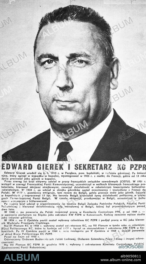 Edward Gierek (1913 2001) Polish communist politician. Gierek replaced Wladyslaw Gomulka as First Secretary of the ruling Polish United Workers' Party in the Polish People's Republic. 1975.