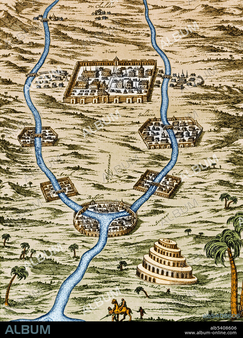 Tigris and Euphrates valleys: Nineveh, Babylon and the Tower of Babel. Cartography from the 17th century. This image has been colorized.