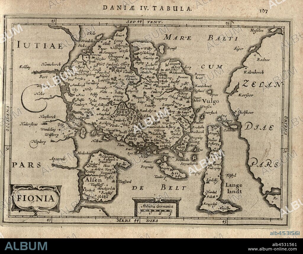 Denmark 4. Map : Fiona, Map of the island of Funen in Denmark, Fig. 26, p. 107, Gerhard Mercator, Jodocus Hondius, Jansson: Atlas minor Gerardi Mercatoris. Amsterodami: ex officina Ioannis Ianssonii, MDCXXXIIII [1634].