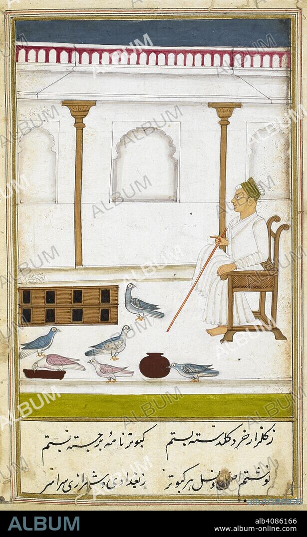 A seated man with a stick watching pigeons in a courtyard. Kabutar-nama.  India, 1788. Source: I.O. ISLAMIC 4811, f.6v. Language: Persian. - Album  alb4086166