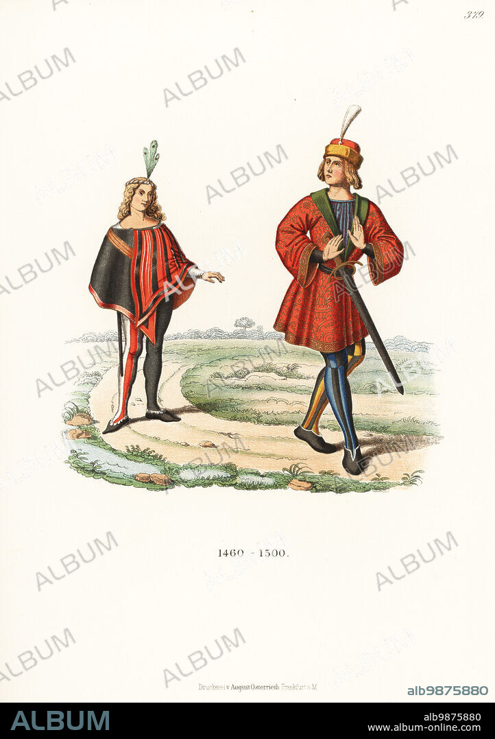 Costumes of young German noblemen, late 15th century. Both are cleanshaven with long hair, and mi-parti clothes. One in long gold-embroidered doublet, the other in short cape. They wear their swords in front or to the right. Chromolithograph from Hefner-Alteneck's Costumes, Artworks and Appliances from the Middle Ages to the 17th Century, Frankfurt, 1889. Dr. Hefner-Alteneck (1811 - 1903) was a German museum curator, archaeologist, art historian, illustrator and etcher.