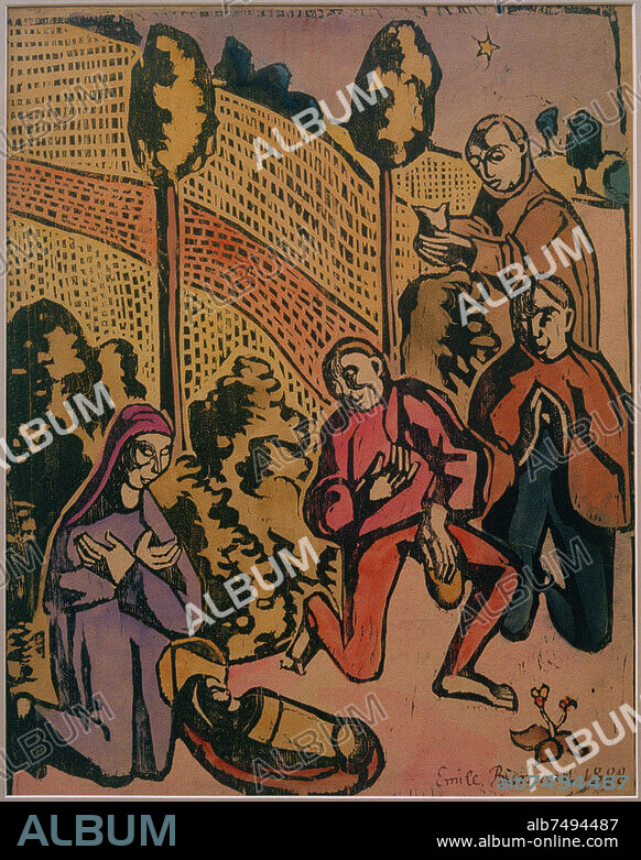 Emile Bernard; 1868-1941. "Adoration of the shepherds", 1889. Woodcut, watercolour, 56.7 × 45.5 cm. Bremen, Kunsthalle.