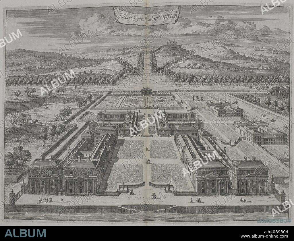 The hospitall at Greenwich. [An Atlas of London, containing a general map and thirty-six maps of the Wards, Parishes and Liberties, with twentyfive views of the principal institutions and buildings. Based upon an earlier survey by William Leybourn and Richard Blome]. London : A. Churchill, J. Knapton, etc., 1720. Source: 1791.d.5 vol.1.1 opposite page 215.