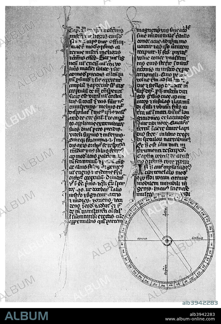 The first pivoted needle compass, c1269 (1956). From Epistola de Magnete the first treatise on magnets, written by French scholar Pierre de Maricourt (Petrus Peregrinus). A print from Things, a volume about the origin and early history of many things, common and less common, essential and inessential, by Readers Union, the Grosvenor Press, London, 1956.