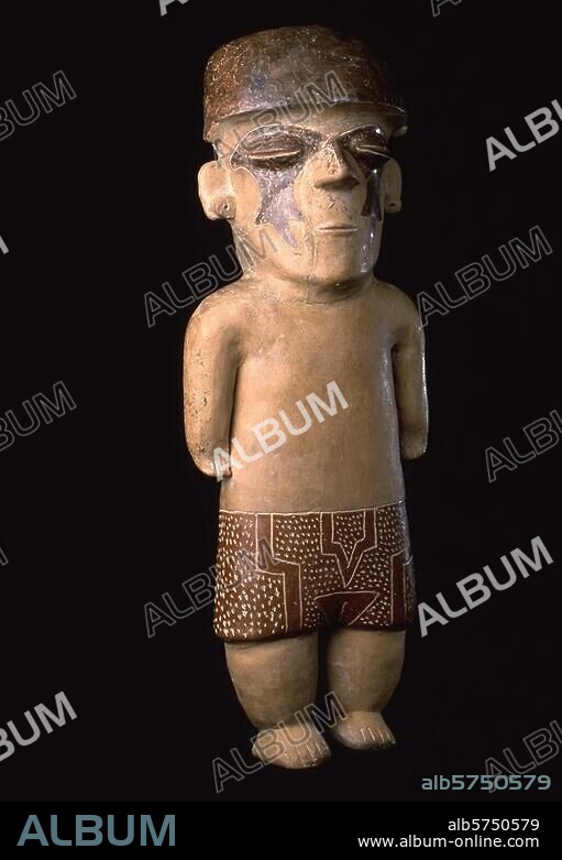 Ecuadorian, Chorrera culture, c. 1200 BC - 300 BC. - Statuette of a male figure with facial paint - Ceramic, painted, 37.7 × 13.6cm. Inv. GA 16-916-78. Quito, Museos Arq. del Banco Central.