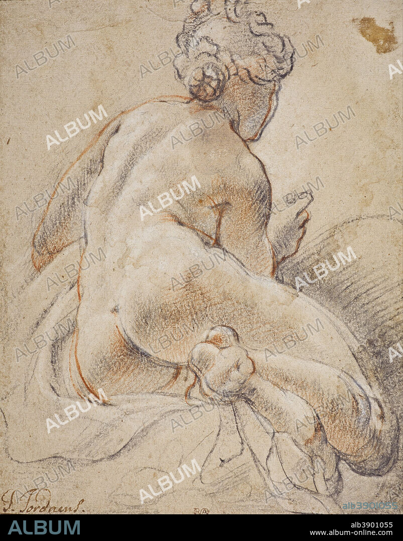 JACOB JORDAENS. Female Nude, Seen from the Back. Date/Period: 1601.  Drawing. Black chalk, red chalk and white chalk on paper. Height: 257 mm  (10.11 in); Width: 203 mm (7.9 - Album alb3901055