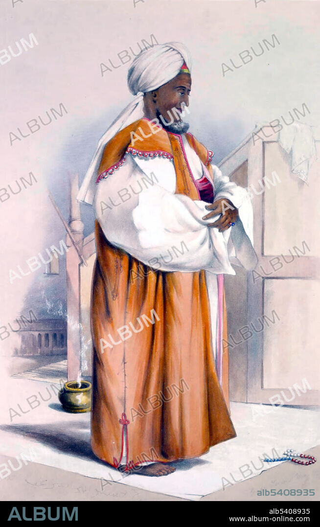 Karel, a Malay priest, at prayer. Cape Malays are an ethnic group or community in South Africa. By the 19th century, the term was used to describe anyone at the Cape who was a practicing Muslim. Most Cape Malays were actually from Madagascar and East Africa, shipped to the Cape as slaves from the end of the 18th century, who converted upon arrival. In 1846 George French Angas (English explorer and painter) went to South Africa, where he spent two years in Natal and the Cape, working on a series of drawings and watercolors which were published in 1849 as The Kafirs Illustrated.