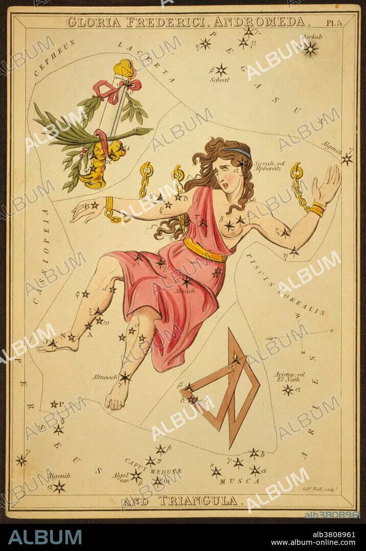 Astronomical chart showing Andromeda in chains, two triangles, and a scepter with eagle's head and palm frond forming the constellations. Andromeda and Triangulum constellations were two of the 48 constellations listed by the 2nd century astronomer Ptolemy, and they remain two of the 88 modern constellations defined by the International Astronomical Union. Located north of the celestial equator, it is named for Andromeda, daughter of Cassiopeia, in the Greek myth, who was chained to a rock to be eaten by the sea monster Cetus. Andromeda is most prominent during autumn evenings in the Northern Hemisphere. Triangulum is a small constellation in the northern sky. Its name is Latin for triangle, derived from its three brightest stars, which form a nearly isosceles long and narrow triangle. Gloria Frederica was a constellation created by Johann Bode in 1787 to honor Frederick the Great, the king of Prussia who had died in the previous year. It is no longer in use. Urania's Mirror is a boxed set of 32 constellation cards first published by Samuel Leigh of the Strand, London, in or shortly before 1825. An unidentified lady, referred to by her nom-de-plume, Jehoshaphat Aspin, designed these whimsical astronomy cards. The engraver was Sidney Hall.