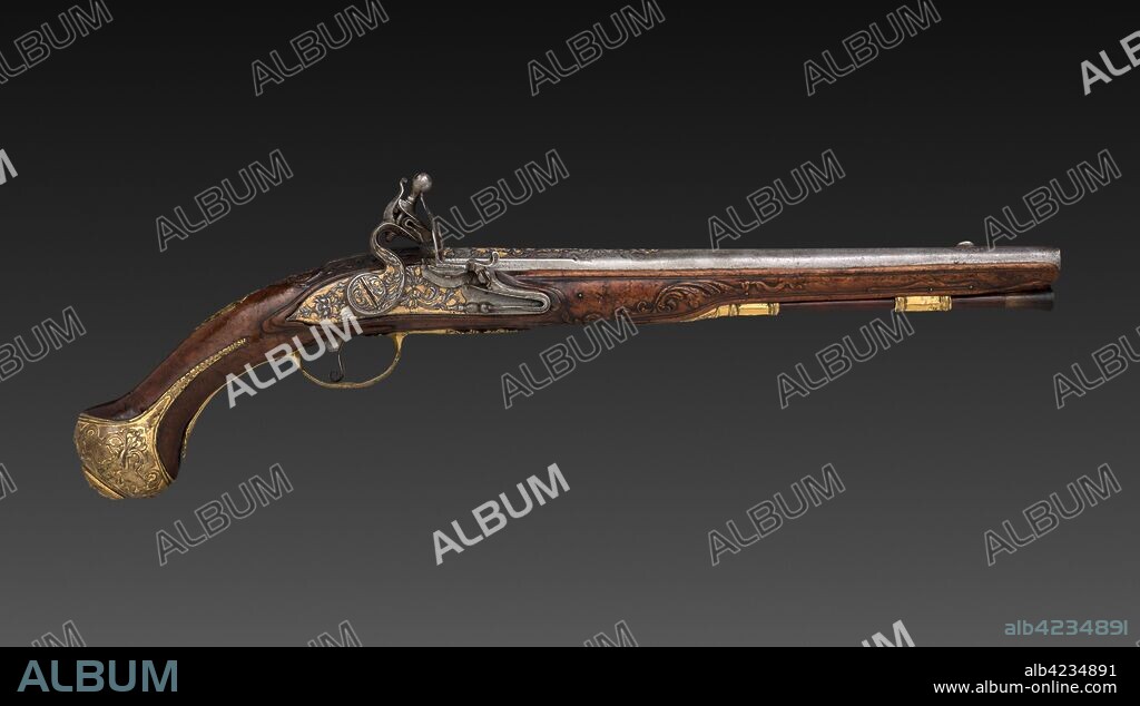 Pair of Flintlock Pistols, early 1700s. Franco-Flemish, Liège, early 18th century. Steel with gold inlay, gilt-brass mounts; walnut burl stock; chiseled high-relief decoration; overall: 49.5 cm (19 1/2 in.); barrel: 32.1 cm (12 5/8 in.); bore: 1.5 cm (9/16 in.).