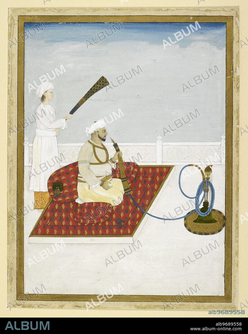 'Abu Zafar Siraj al-Din Muhammad (later Bahadur Shah II, 1837-58), facing right, smoking a hookah. An attendant stands behind him with a 'morchal'. Signed on right of balustrade in Persian.