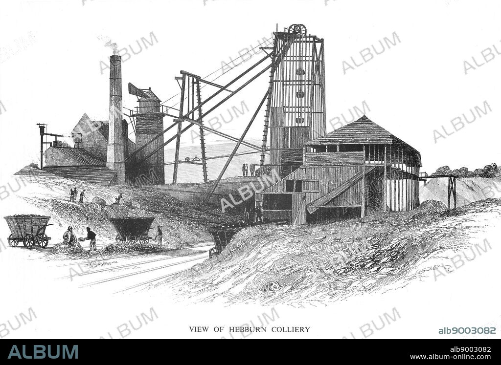 Pithead at Hebburn Colliery, Newcastle area, showing engine house (left) providing power for the winding gear (centre) which is raising baskets (corves) of coal from the bottom of the pit and filling the wooden railway wagons. On the wagon at left the brake is easily visible. From W. Fordyce 'A History of Coal, Coke, Coal Fields ...', London, 1860.