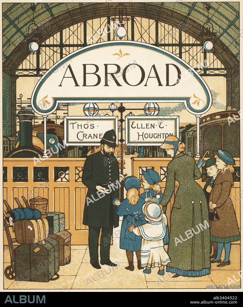 Title page showing a Victorian family at Charing Cross station before a journey abroad. Colour woodblock after an illustration by Thomas Crane and Ellen Houghton from Abroad, Marcus Ward, London, 1882.