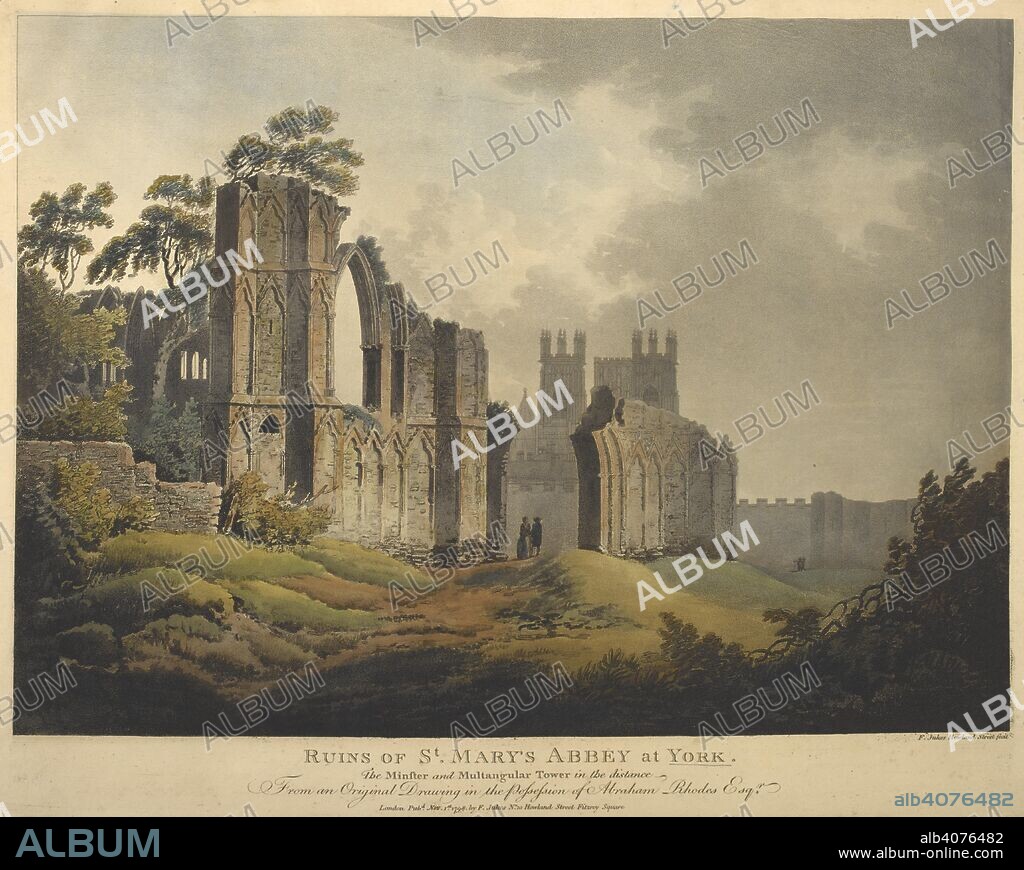 F JUKES. Figures standing by the ruins of St Mary's Abbey in York; trees throughout the scene; York Minster in the distance. RUINS OF ST MARY'S ABBEY at YORK. : The Minster and Multiangular Tower in the distance. London : Pubd Nov 1st 1798 by F. Jukes No10 Howland Street Fitzroy Square., [November 1 1798]. Aquatint and etching with hand-colouring. Source: Maps K.Top.45.8.3.c. Language: English.