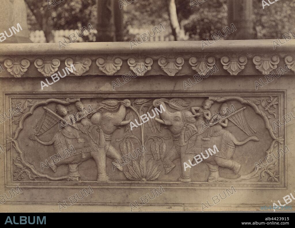 Elephant Carvings in the Plinth of Cenotaph of Maharaja Sawai Jey Sing sic, Jeypore, Lala Deen Dayal (Indian, 1844 - 1905), Jaipur, Rajasthan, India, 1883–1884, Albumen silver print, 19.2 × 26.9 cm (7 9/16 × 10 9/16 in.).